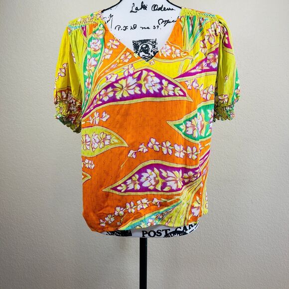 Haute Hippie multi floral blouse short sleeves and gather cuff size M boho - Picture 9 of 14